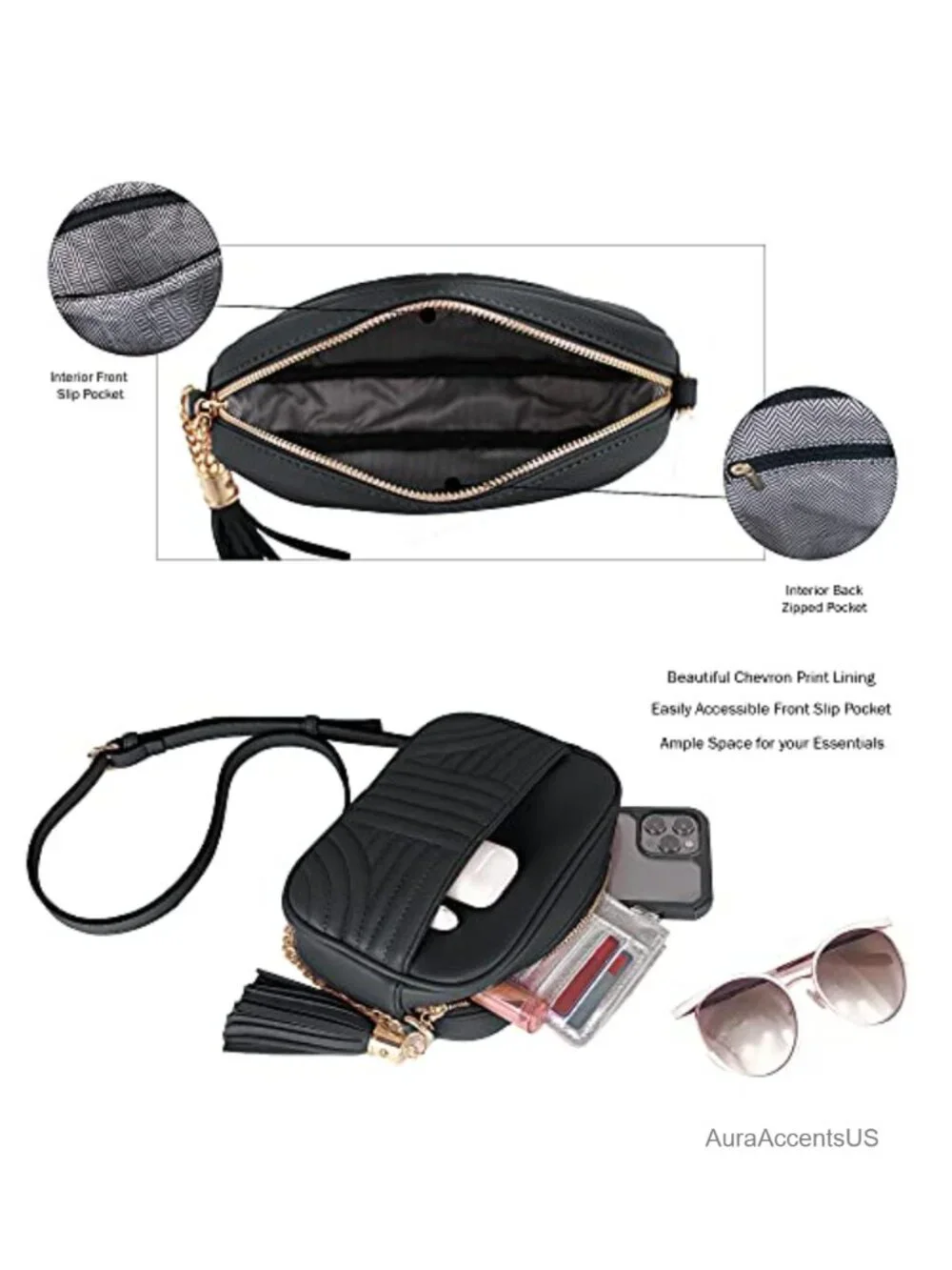 Quilted Crossbody Bag with Tassel - Faux Leather Camera Purse